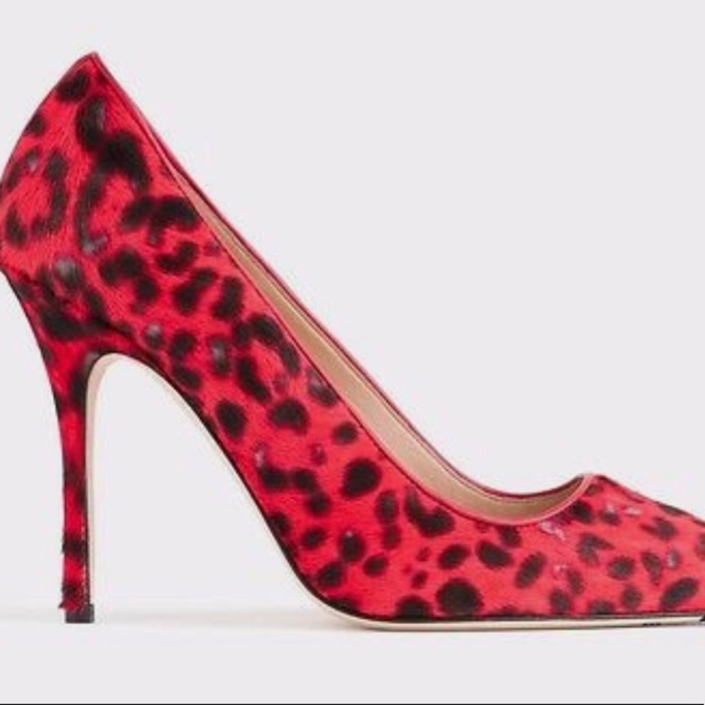 J Crew Roxie calf hair red leopard heel